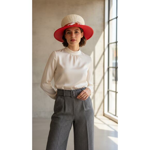 1960s VIVI by Elite Red & Cream Straw Mod Derby Hat | Bowler Boater - Picture 3 of 13